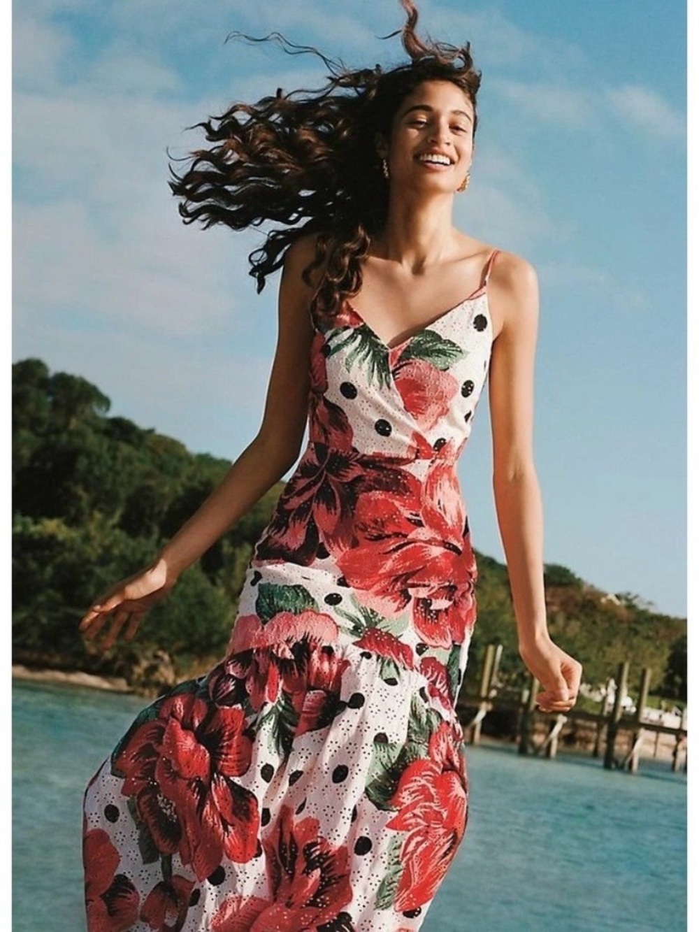 FARM RIO | Anthropologie Riviera Eyelet Maxi Dress in Floral Print, Size 6